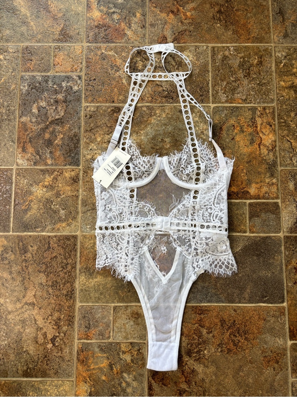 White Lace Halter Teddy Bodysuit with Hook Details